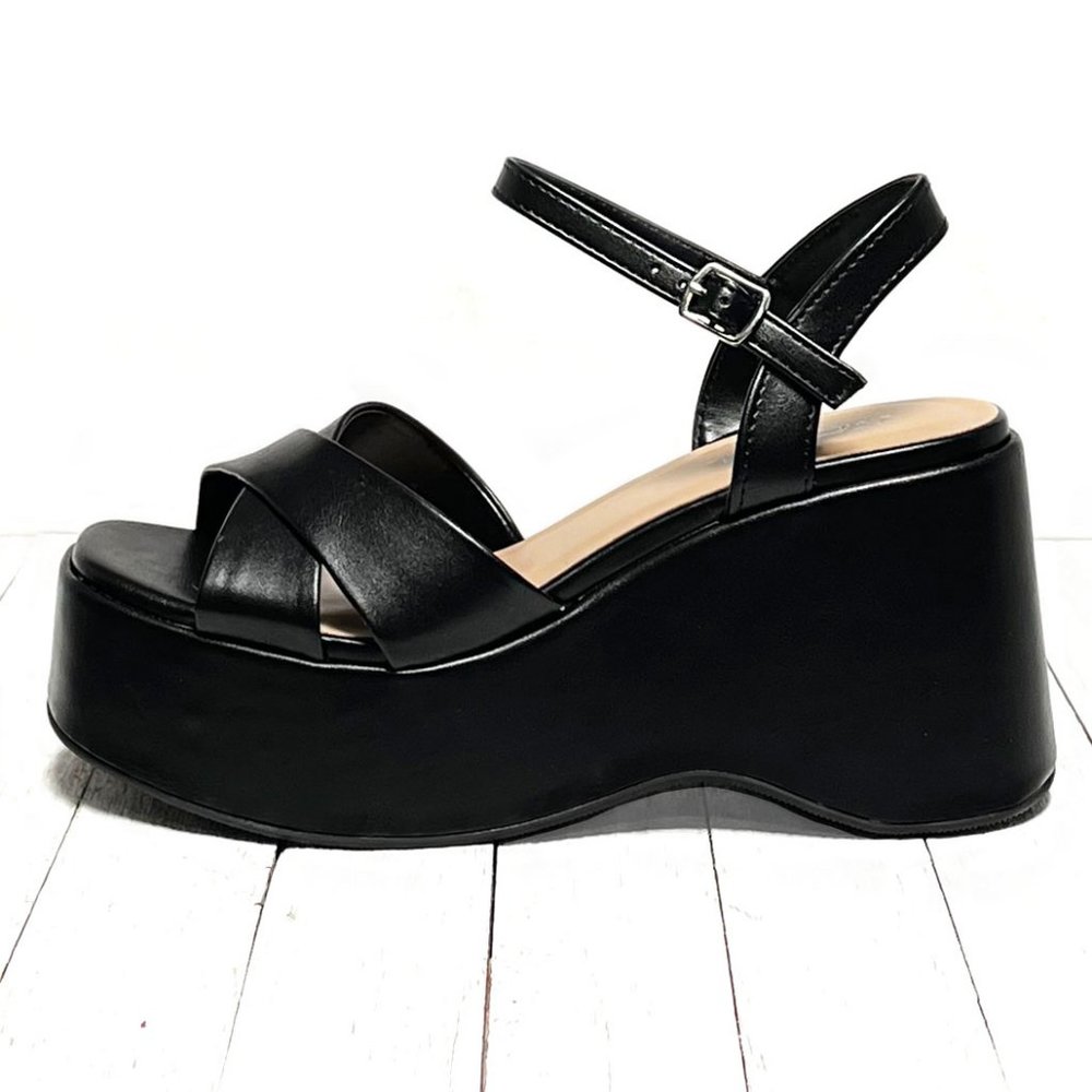 New Black Cross Platform Wedge Sandals - Picture 2 of 6